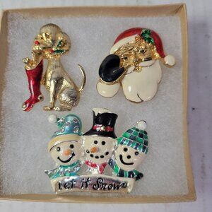 Vintage Christmas Brooch Pin Set - Santa Dog With Stocking & Snowmen Trio